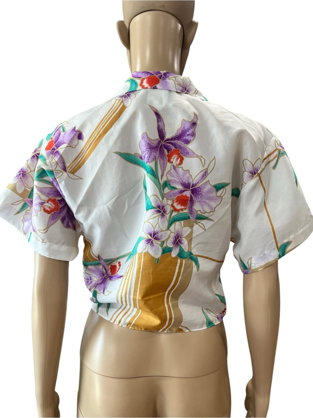 Vintage 80s Hilo Hattie Hawaiian Shirt Crop Tie Front Floral White Purple Orchid - Picture 3 of 8